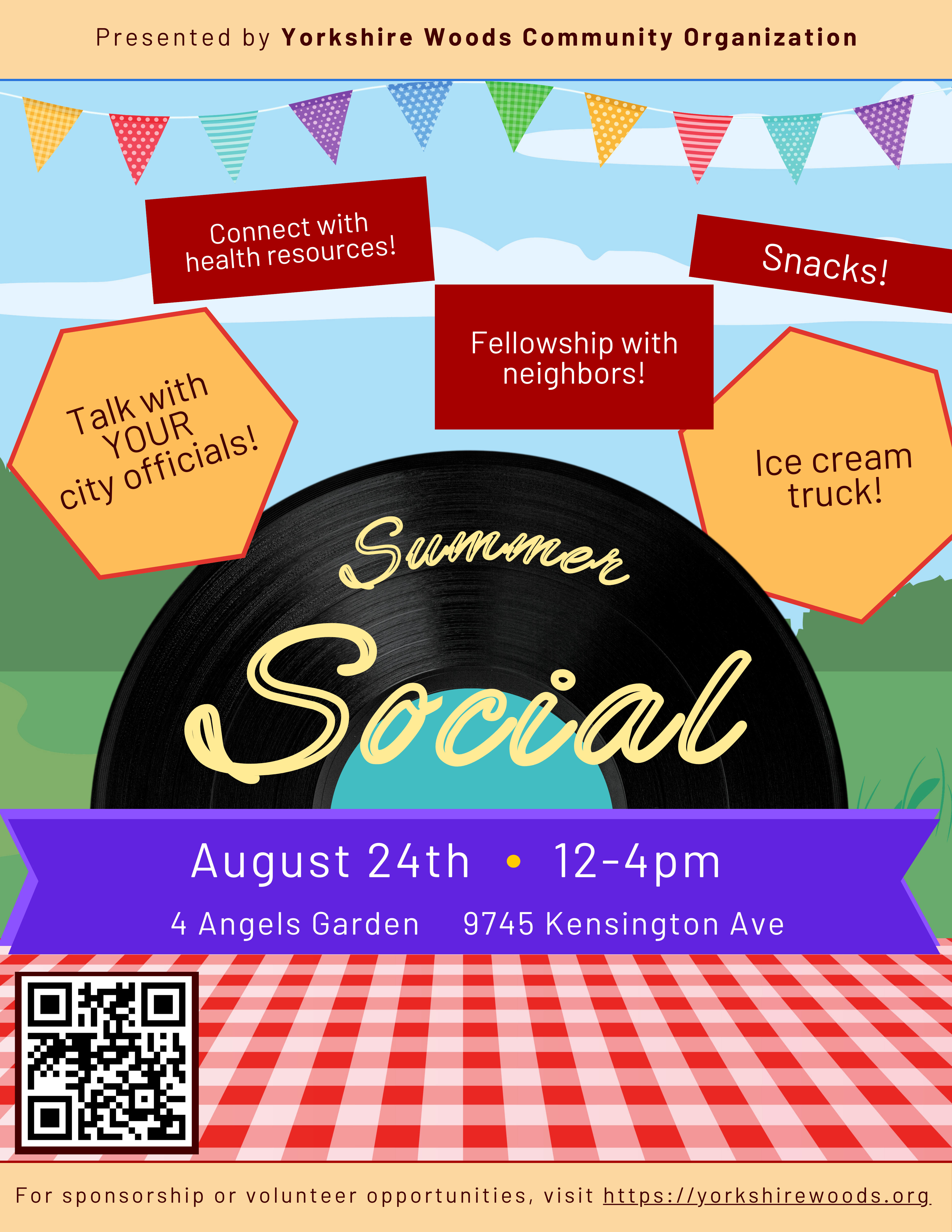 Flier for summer social happening 12 - 4pm August 24, 2024 on 9745 Kensington Avenue.