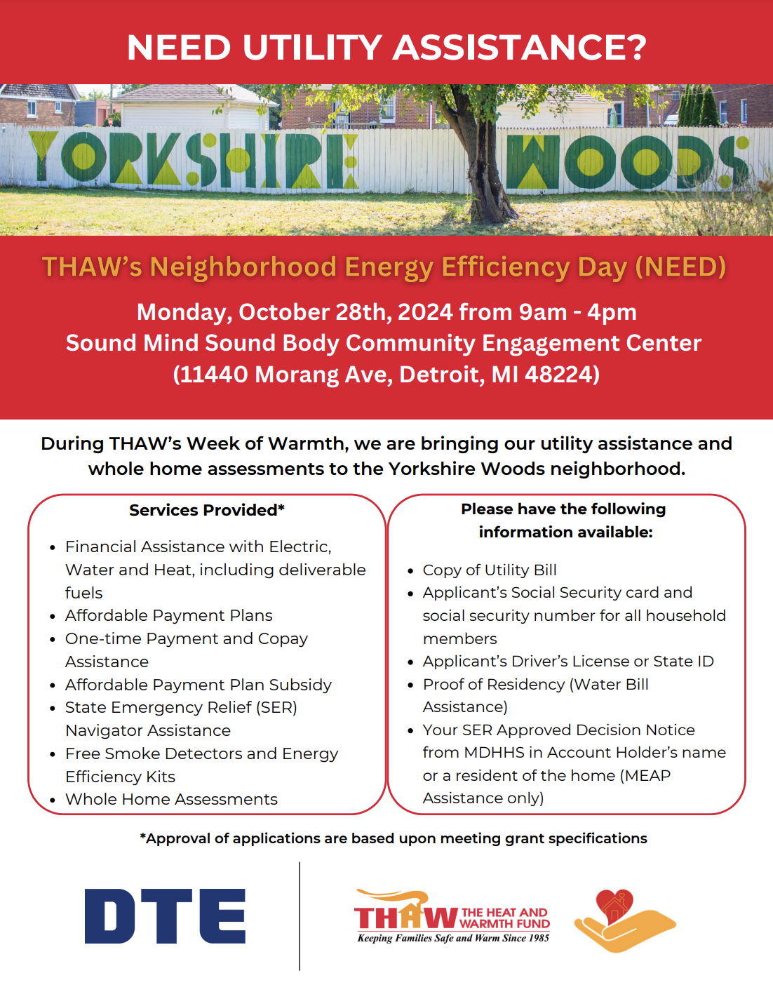 A red and white flyer with information on NEED day. Event is on Monday, October 28, 2024 from 9am-4pm at 11440 Morang Ave. Full text is in the NEED day event description.